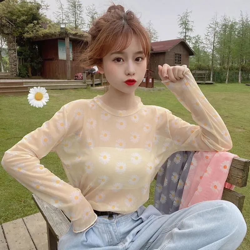 Floral Print Sheer Blue Black Mesh Long Sleeve Blouse Shirts Women Spring Summer Pullovers Elegant Sexy See Through Tops 2