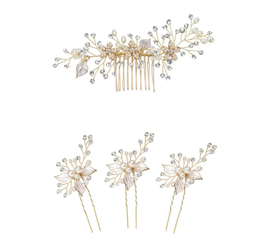 Hot Sales Alloy White Leaves Handmade Pearl Diamond Set Hairpin Pin Bride Headdress