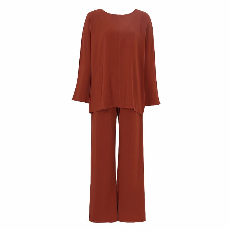 TWOTWINSTYLE Solid Casual Women Two Piece Set O Neck Long Sleeve High Waist Wide Leg Pants Female Suits 2020 Fashion Autumn New