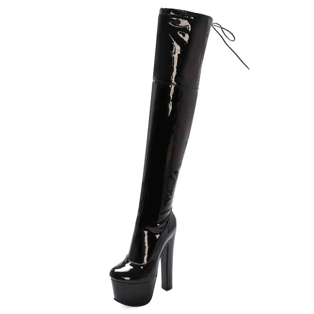 BONJOMARISA 33-43 пикантные Сапоги выше колена на высоком каблуке 17 см женские сапоги до бедра на платформе г. Зимняя женская обувь на меху - Цвет: black qipi thin fur