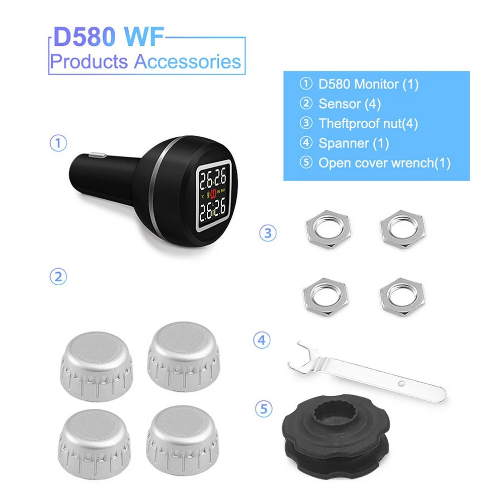 D580 Автомобильная TPMS система контроля давления и температуры в шинах с USB гнездом 4
