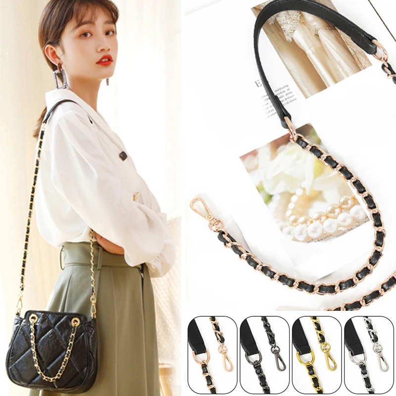 100/120cm Bag Metal Chain Leather Bag Strap Accessories For Handbags Black Leather Chain Shoulder Straps Bag Strap For Crossbody