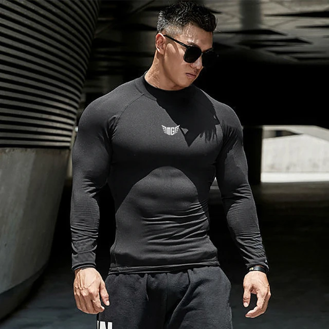 T-shirt de compression à manches longues et col haut pour homme, vêtement  de sport, de course, de musculation, à séchage rapide, élastique et serré -  AliExpress