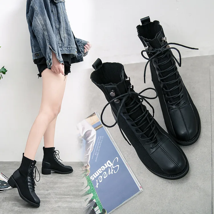 

Women's Autumn And Winter Boots 2019 New Style Chunky-Heel Semi-high Heeled Martin Boots Women's British-Style Square Head Lace-