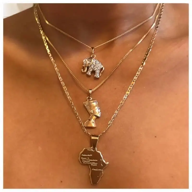 Gold Necklace Jewelry Pendant Pyramid Multilayer Gifts Pharaoh-Map Ancient Punk Egyptian