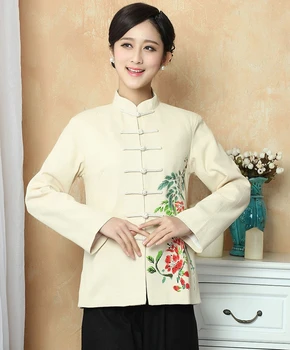 

Elegant middle-aged and elderly Chinese women printed jacket casual jacket autumn and winter Lotus long sleeve cotton linen coat