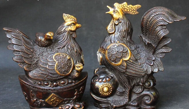 914+++ Китайская народная бронзовая позолота Богатство Yuanbao Ru Yi год Зодиак петух статуя