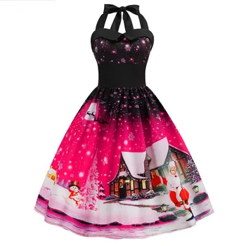 

Sexy Party Dress Women Vintage Dresses Print Christmas Dress Summer V Neck Backless Halter Bandage Midi Dress Plus Size Vestido