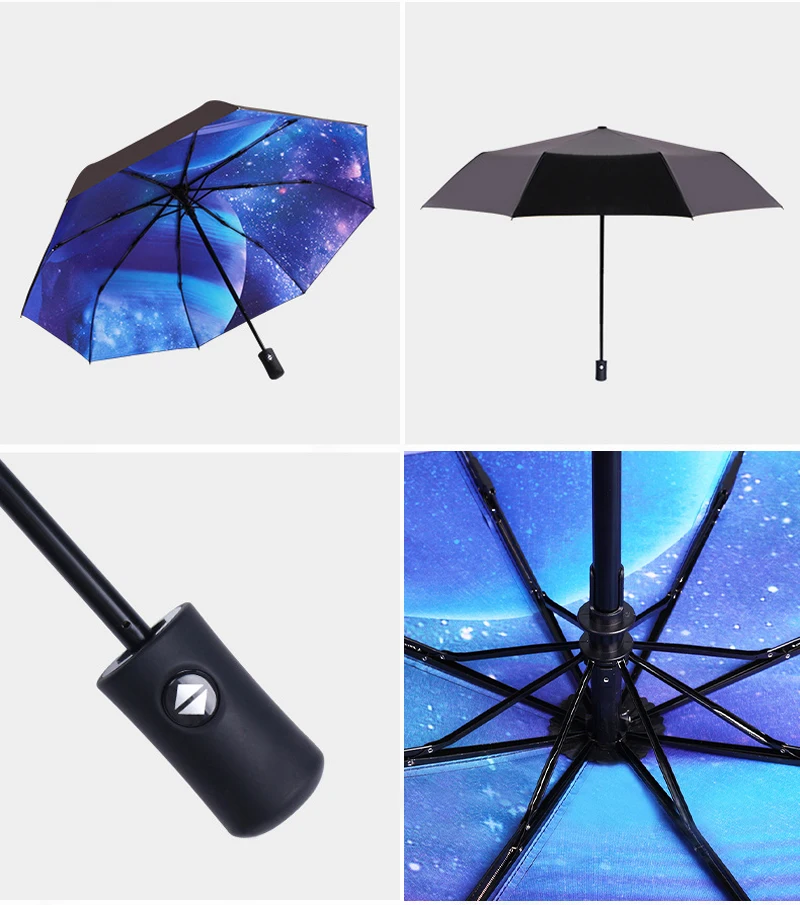 Sky Umbrella Black 3-fold Umbrella Women's Automatic Umbrella Male Folding Umbrellas For Rain And Sun Parasol Gift For Men Girl