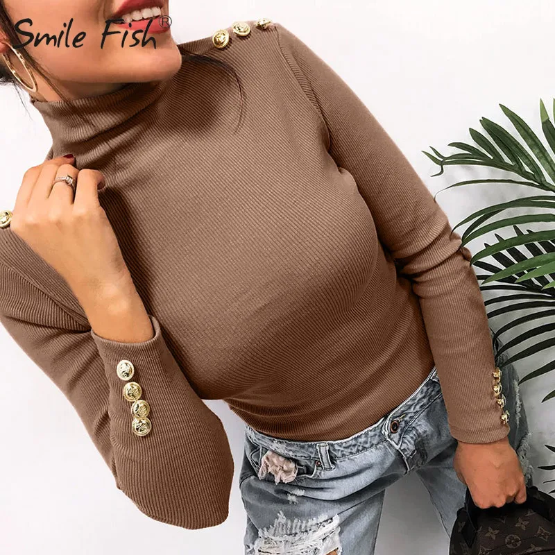2020 Women Turtleneck Sweaters Buttons Knitted Solid Pullovers Causal Slim Office Lady Knitting Female Knit Tops M0381 | Женская одежда