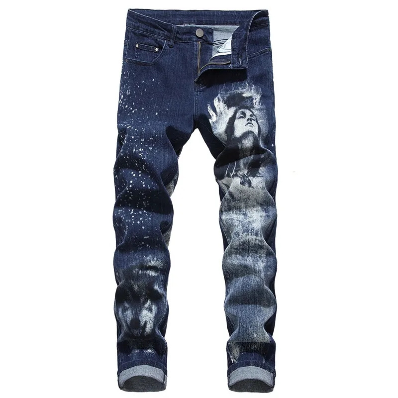 2019 New Men's Casual Slim Patch 3D Jeans Personality Color Print Denim Causal Trousers Pants Ripped Fashion For Men | Мужская