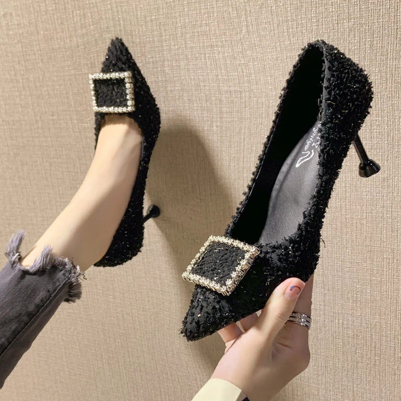 

2019 spring autumn new high heels black shallow mouth fashion wild rhinestone pointed stiletto heels casual women's single shoes