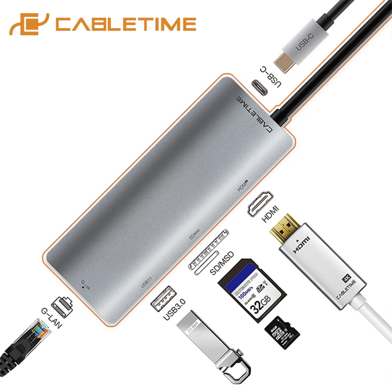 

Cabletime USB HUB Type c to HDMI HUB TF SD card USB3.0 HDMI 4K RJ45 Network Charging USB Adapter for Huawei Matebook X Macbook