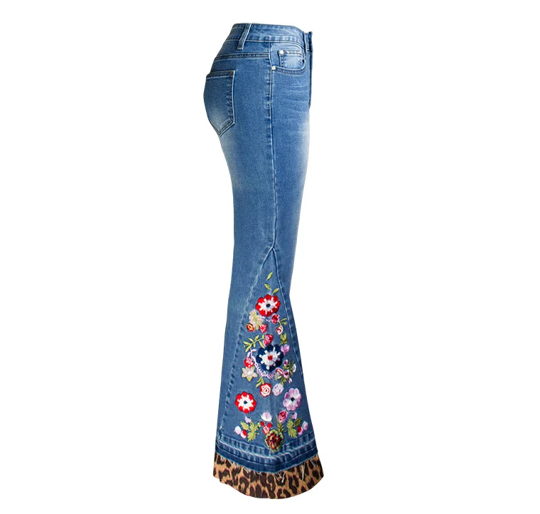 Women Fashion Leopard Patchwork Denim Jeans Stretch Skinny Jean Ladies Casual Flares Pants Quality flower Embroidery Trousers