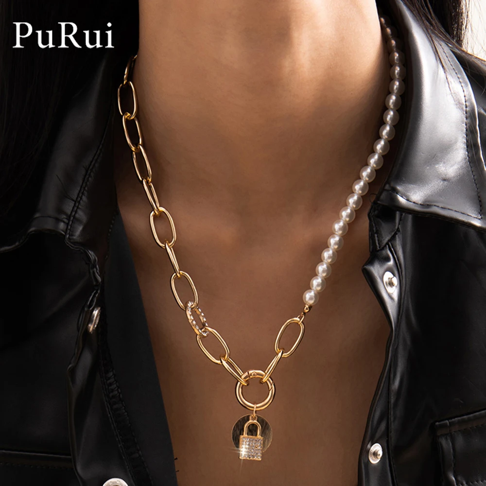 

Purui Women Choker Necklace Imitation Pearl Cuban Link Chain Lock Pedant Necklace Long Collar Vintage Luxury Metal Fashion Jewel