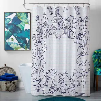 

Shower Curtains Heavy Weight Doodle,Childish Summer Frame with Flowers Mountains Trees and Smiling Sun, Dark Blue Pale Blue