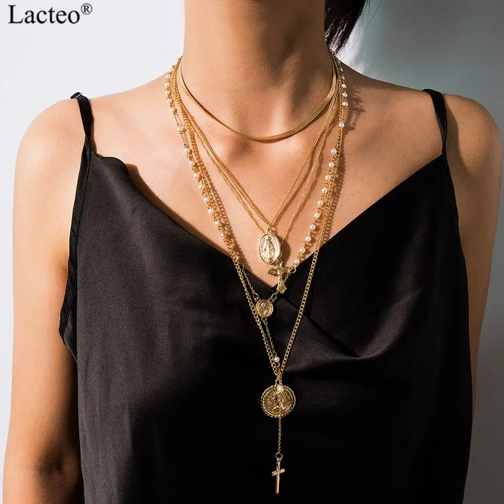 

Lacteo Bohemian 6Multi Layer Carved Coin Virgin Mary Pendant Necklace Women Statement Imitation Pearl Long Chain Choker Necklace