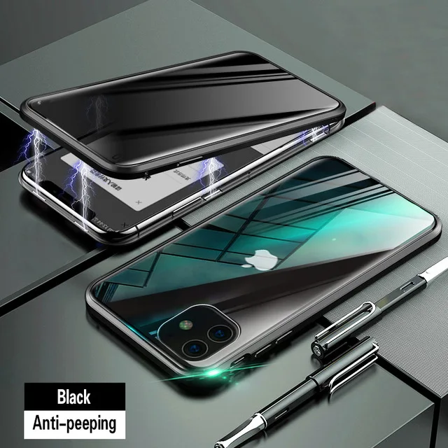 Магнитный металлический чехол для samsung Galaxy Note 9 10 Plus S8 S9 S10 для iPhone 11 Pro Max X XR XS 7 8 6 6S Plus стеклянный чехол - Цвет: Black