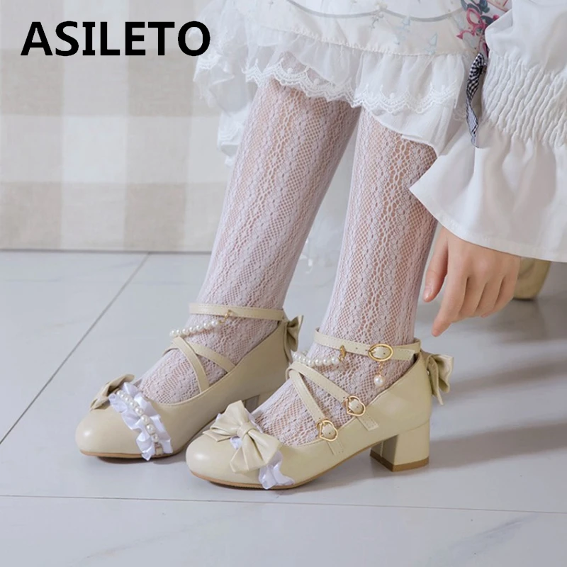 

ASILETO Children Shoes Girl Pumps Cute Uniform Lolita Student Round Toe 4cm Square Heels Buckle Bowtie Pearl Summer A3331