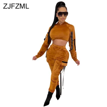 

Velvet Plus Size Two Piece Set Winter Clothes for Women Hooded Full Sleeve Crop Bandage Top + Pencil Pants Ribbon 2 Pcs Outfit