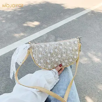 

Women Lace Straw Shoulder Bags Woven Beach Casual Classic Texture Creative Design Chic Leisure Crossbody Messenger Pouch