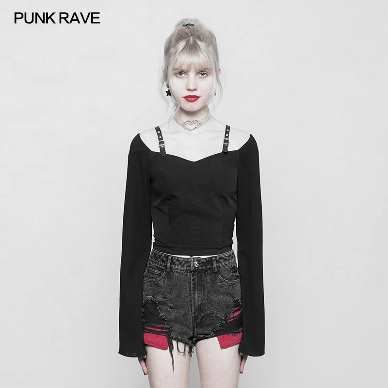 PUNKRAVE Women's Punk Chiffon T-shirt Gothic PU Leather Shoulder Belt Personality Handsome Flare Sleeve Top | Женская одежда