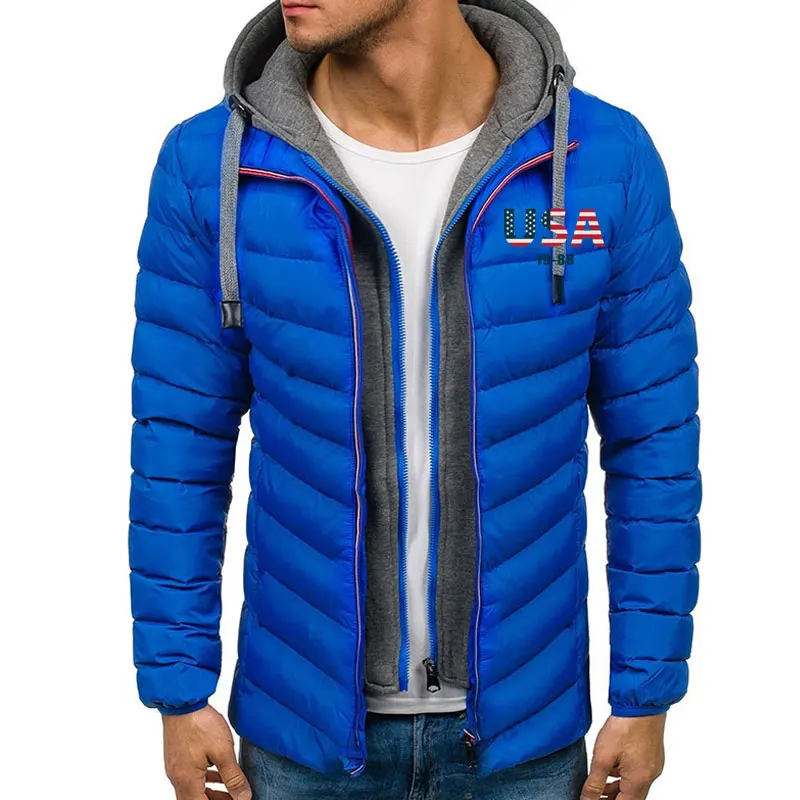 ZOGAA мужская зимняя куртка с 3D принтом флага сша, пальто, повседневные толстые мужские пальто с капюшоном, уличная зимняя куртка, мужская одежда, зимние парки - Цвет: Синий