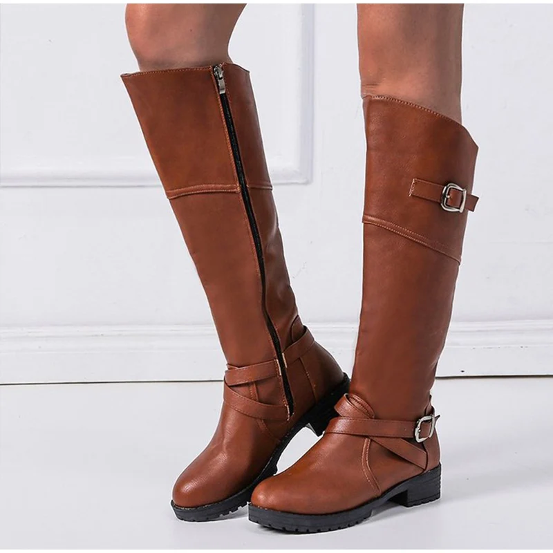 Autumn Shoes Women Knee High Boots Female Buckle Strap Platform Black PU Low Heels Motorcycle Boots Zip Ladies Classic Footwear