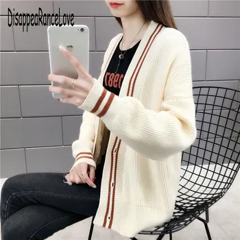 

autumn winter loose knitting women sweaters cardigan korean style plus size single-breasted striped sweater coats female