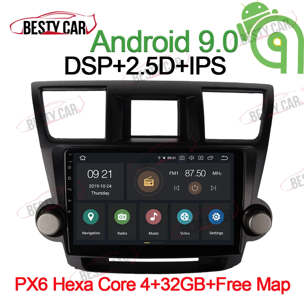 " Android 9,0 автомобильный мультимедийный плеер стерео для Toyota HIGHLANDER 2008-навигационное головное устройство радио DSP 2.5D+ ips - Цвет: PX6-4-32GB-CarPlay