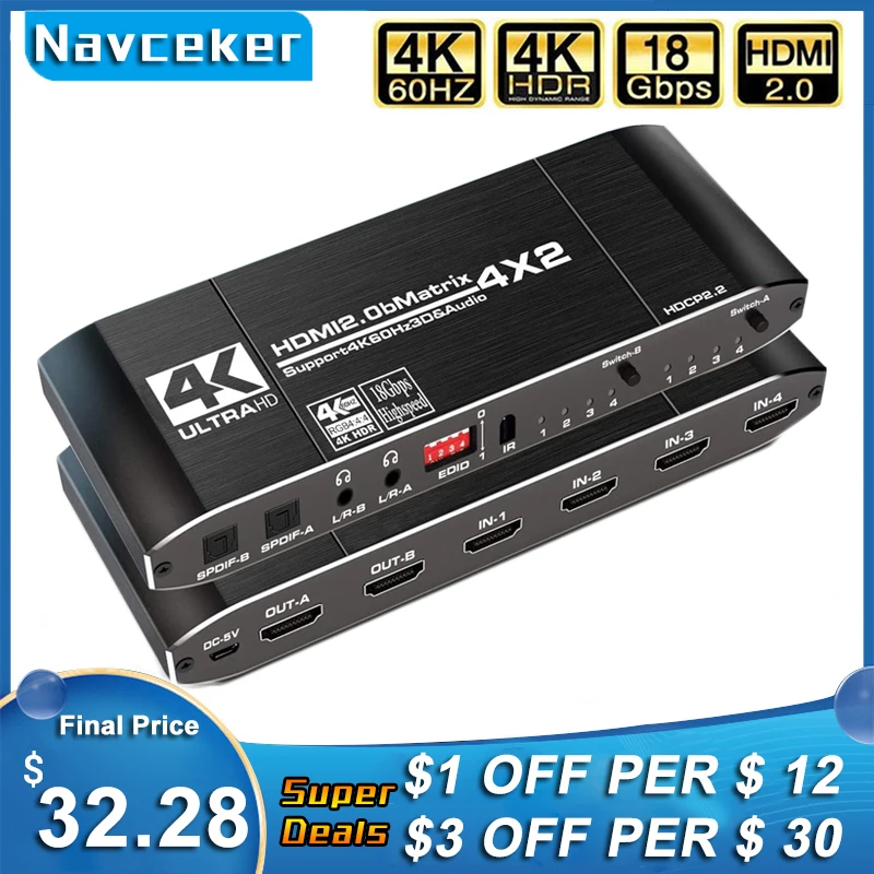 2023 4X2 Matrix Switch Splitter Con Spdif E L/R 3.5Mm Hdr Hdmi Compatibile Switch 4X2 Supporto Hdcp 2.2 Arc 3D 4K @ 60Hz Per Ps5