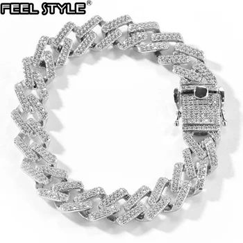 

14MM Full Miami Curb Iced Out Zircon Paved Rhinestones Cuban Chain Bling Rapper Bracelet For Men Hip Hop Jewelry