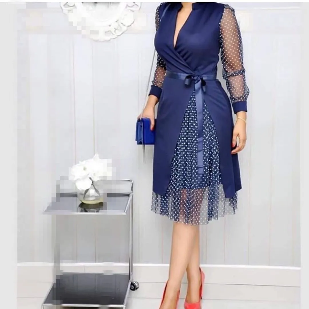 

Vintage V-neck Dot Print Work Dress Women Autumn Mesh Patchwork A-line Party Dress High Waist Knee Length Dresses