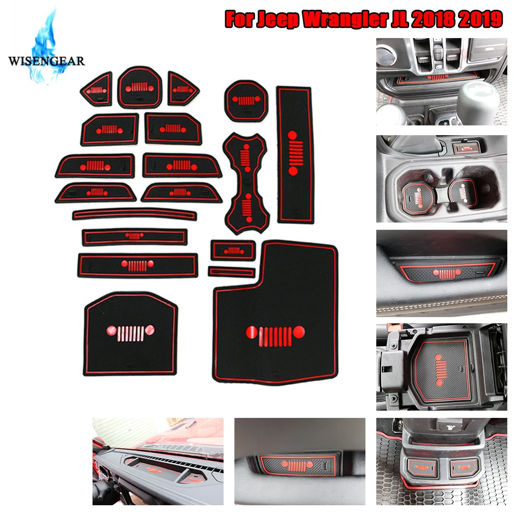 

For Jeep Wrangler JL 19Pcs Gate Slot Pad Mats Cup Mat Silencer Pad Decoration Non-Slip Car Interior Decoration Parts 2018 2019