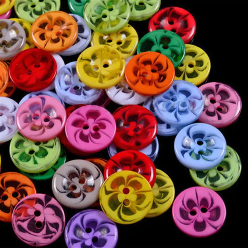 

100Pcs/Lot 2 Holes Beautiful Transparent Flower Mixed Color Resin Round Buttons Clothing Accessories Sewing Scrapbooking Craft