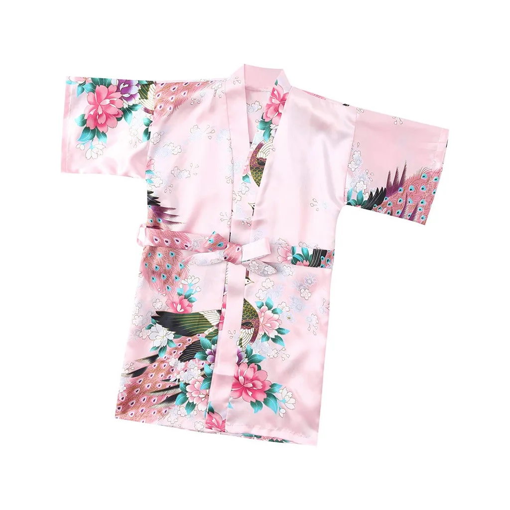 Банный халат, одежда для сна для девочек с цветочным узором, из шелка атласное кимоно; наряд летние шорты рукав Мягкий хлопок, одежда для сна, комплекты одежды Y814 - Цвет: PK