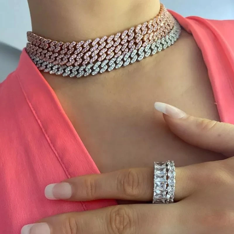 blue pink white CZ Miami cuban link chain choker necklaces for women iced out bling rock punk hip hop jewelry | Украшения и