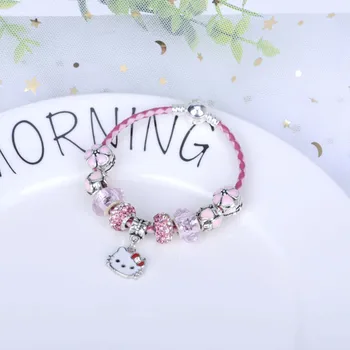 

Pan Jia charm KT Cute Cat Leather Rope Bracelet Female Pink Crystal DIY Alloy Large Hole Beaded Bracelet February 14 gift