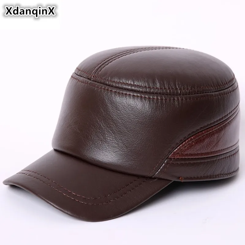 XdanqinX, для взрослых, мужская плоская кепка, натуральная кожа, кепка, армейские, военные шапки для мужчин, зимние теплые шапки с наушниками, из воловьей кожи, для папы, Кожаная шапка