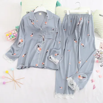 

Fiklyc Spring Cute Printed Lace Long-Sleeved Silk Home Service Women's Sweet Casual Cardigan Pajamas Set