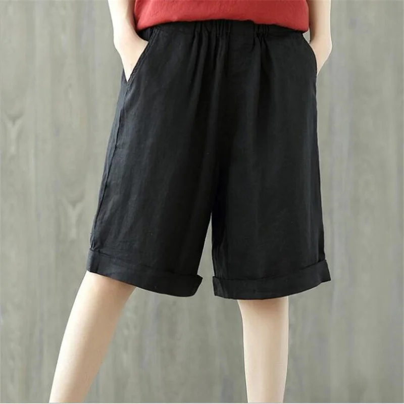 Summer Knee Length Elastic Waist Casual Cotton Linen Shorts Women Loose