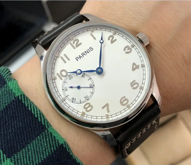 

44mm PARNIS white dial blue hands Asian 6497 17 jewels ST3600 Mechanical Hand Wind movement Men's watches pa164-p8