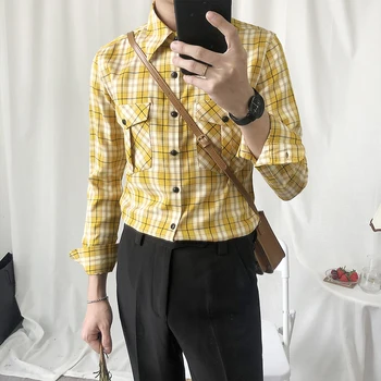 

Yellow Plaid Shirts Mens Vintage Fashion Clothing Mens Check English Blouse Mens Long Sleeve Summer Retro British Elegant Shirts