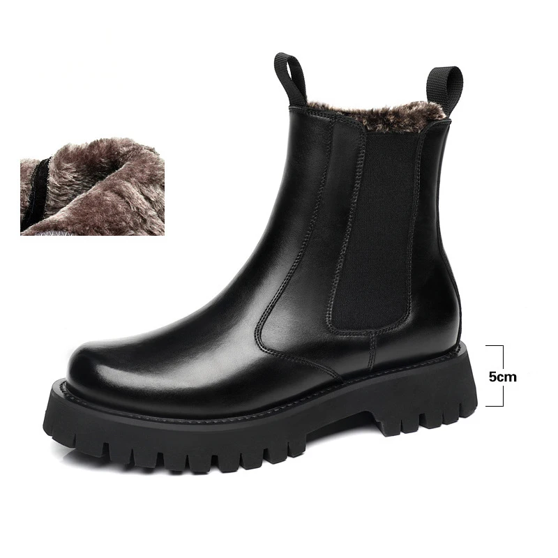 Winter Men Chelsea Rubber Boot Invisible Heel Lifted Boots Leather Platform Boots Height Increasing