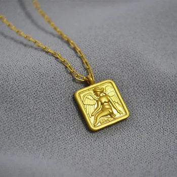 

Square gold-plated statue Pendant Necklace for men and women high quality angel wings unqiue simple retro lovers fashion jewelry