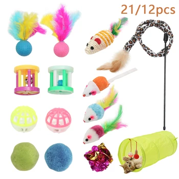

12/21Pcs Cat Toys Set Cat Tunnel Pet Funny Cat Stick Play Toy Sisal mouse toy ball Kitty Puppy Toys