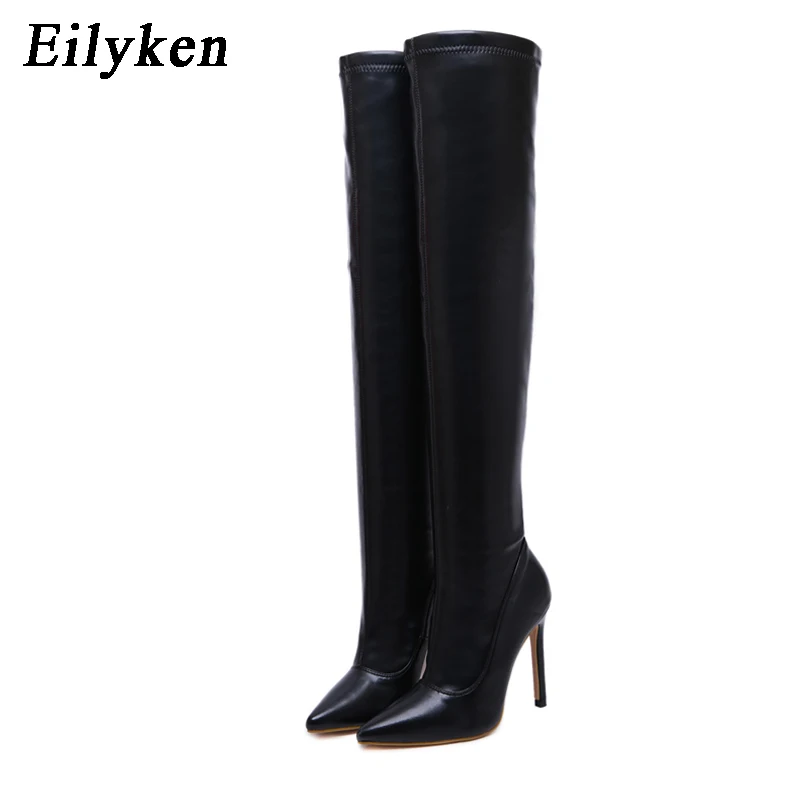 Eilyken/женские сапоги красного и черного цвета; зимние теплые пикантные сапоги до бедра с острым носком; модные женские сапоги выше колена на высоком каблуке