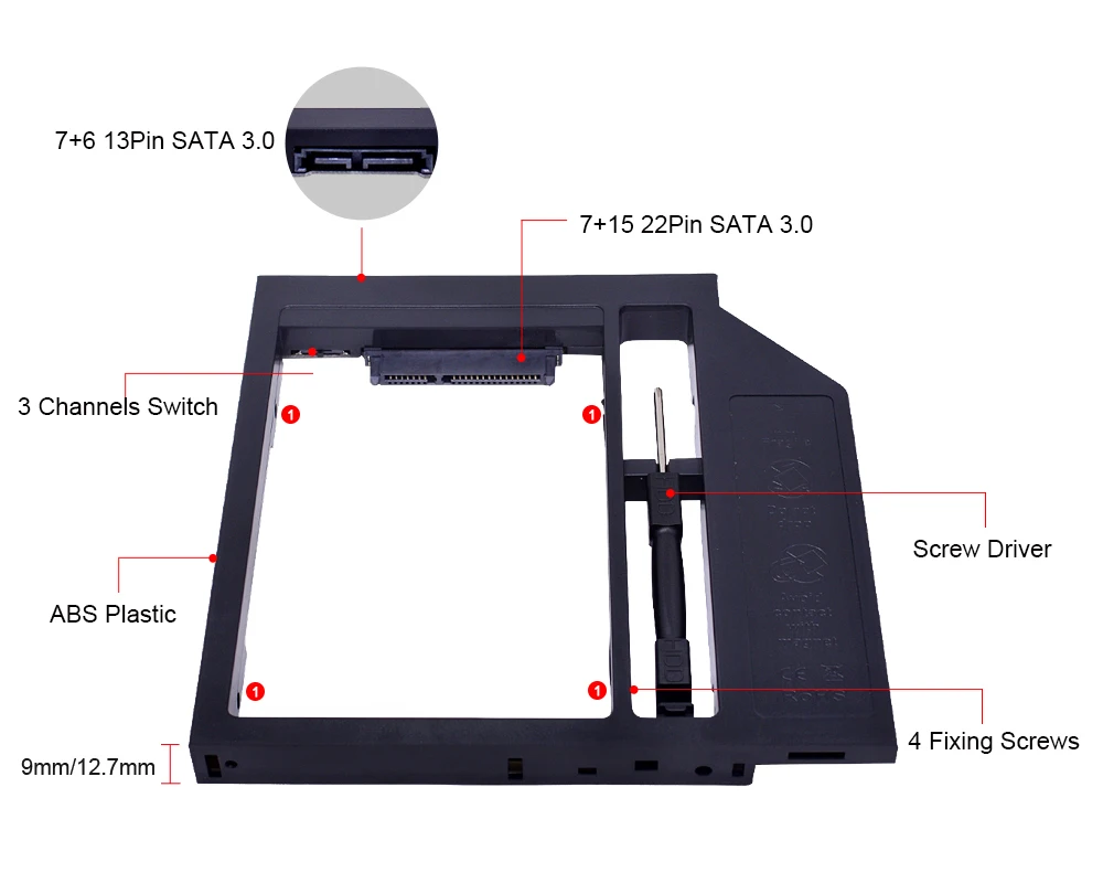 CHIPAL Ʈ DVD-ROM CD-ROM Optibay ϵ ̺ Ŭ,  2 ° HDD ĳ, 9.5mm SATA 3.0, 2.5 ġ, 9mm, 7mm SSD ̽