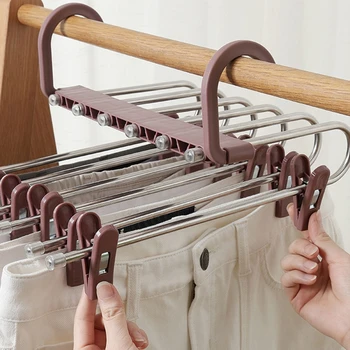 

Multi-function Pants Hanger Telescopic Foldable 6 Tier Stainless Steel Trousers Drying Rack Clothing Storage Organizer with Clip