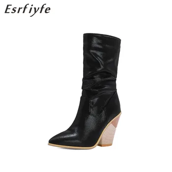 

ESRFIYFE Pointed Toe Boots Women Leather Wedge High Heel Short Boots Chunky Cowgirl Winter Boots Women Christmas Western Boots